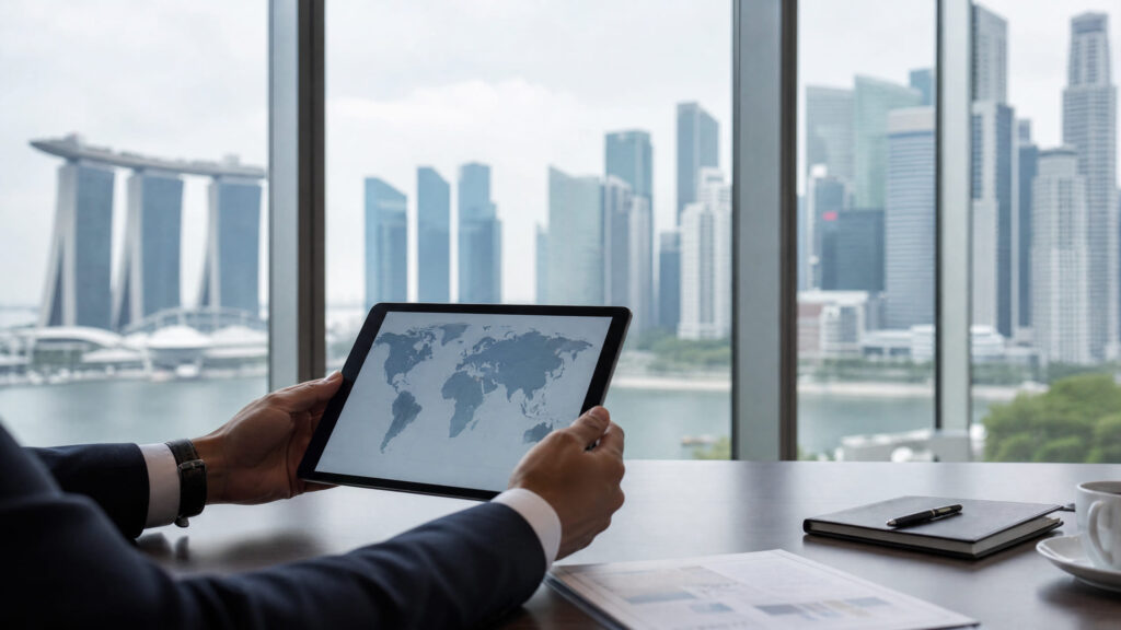 Executive looking at the map showing his company's branches, subsidiaries and rep offices