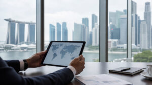 Executive looking at the map showing his company's branches, subsidiaries and rep offices