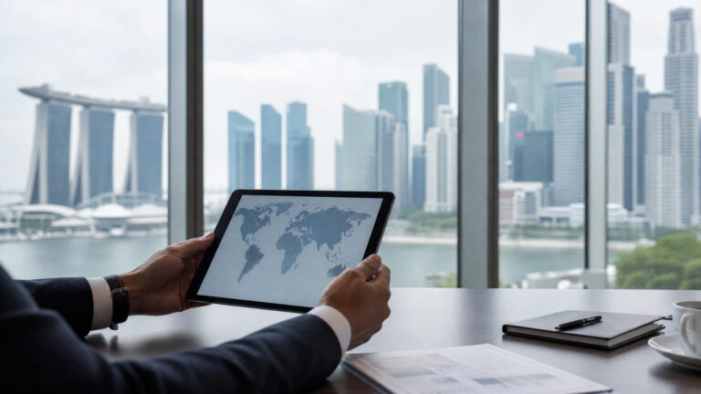 Executive looking at the map showing his company's branches, subsidiaries and rep offices